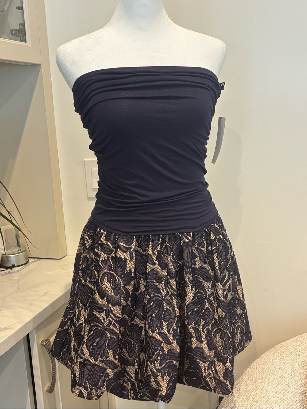 Vava by Joy Han Navy Strapless Bodice with Floral illusion Skirt